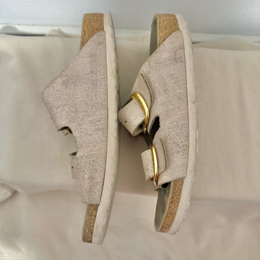 Birkenstock Arizona Big Buckle Met Rose Leather Slides Sz 39 or 8- 8.5 - Picture 3 of 6